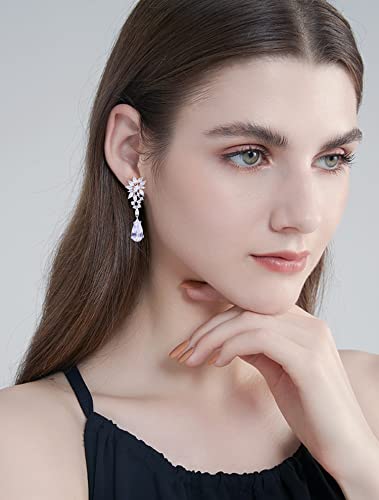 CZ Bridal Earrings for Wedding - 14k Plated Sterling Silver Elegant Teardrop Cubic Zirconia Crystal Rhinestone Floarl Leaf Cluster Chandelier Statement Dangle Drop Earrings for Bride Bridesmaids Party - color: Silver Tone