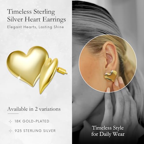 18K Gold Plated Sterling Silver Earrings for Women – Pure & Polished, Twist, Square, Hinged Tube, Abstract & Heart Shape Hoops – Lightweight, Hypoallergenic, Non-Tarnish Jewelry (Sizes: 3x35mm-46x30mm) - color: Gold, size: Heart Shape (25x25mm)