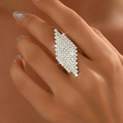 Sparkling Silver Rhombus Rhinestone Knuckle Ring for Women, Adjustable Geometric Crystal Open Finger Ring Minimalist Statement Jewelry Prom Gifts