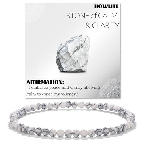 Natural Faceted Crystal Bracelet for Women,4mm Gemstone Round Beads Bracelets Adjustable Stretchy Healing Crystal Beads Bracelets Dainty Jewelry Gift - color: Howlite