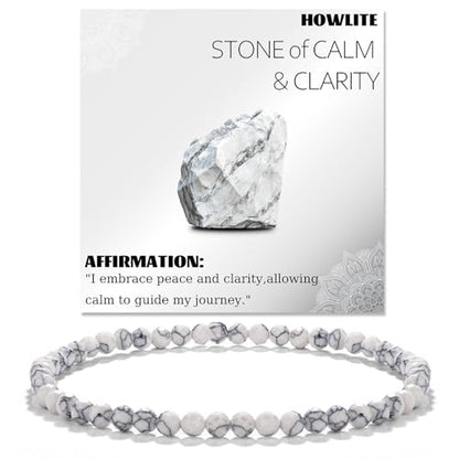 Natural Faceted Crystal Bracelet for Women,4mm Gemstone Round Beads Bracelets Adjustable Stretchy Healing Crystal Beads Bracelets Dainty Jewelry Gift - color: Howlite
