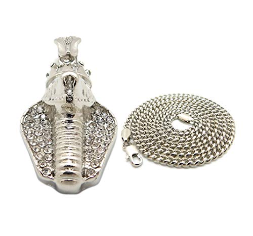 Fashion 21 Unisex Iced Out King Crowned Cobra Snake Pendant 24" Various Chain Necklace in Gold, Silver Tone - color: Silver / 3mm 24" Cuban Chain