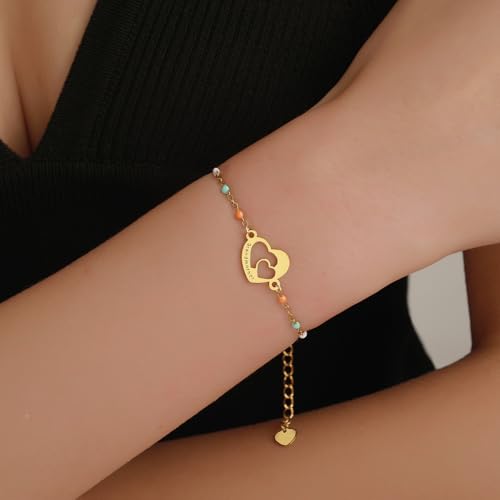 DS Mother Daughter Matching Bracelets,Adjustable Stainless Steel Gift Set | mother’s Day & Birthday Gift Box,Heart Charm,Mommy & Me Style,18K Gold Plated,Hypoallergenic,Daily Wear,Fits Women Teen Girls - color: Gold-6