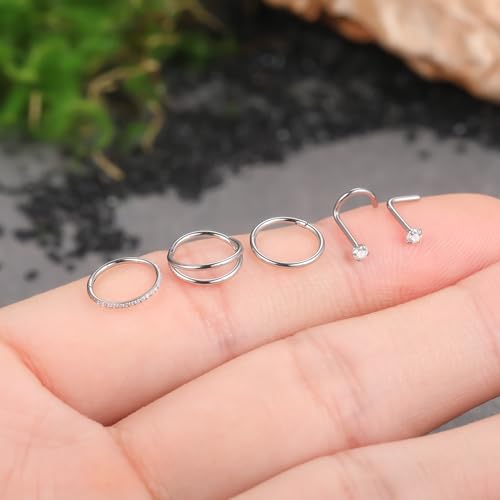Xpircn 5pcs Hoop Nose Rings and L Shaped Nose Rings Stud Set 18G/20G Stainless Steel CZ Helix Conch Daith Tragus Cartilage Hoop Earrings for Women 6mm 7mm 8mm 10mm - color: Silver, size: 20G, 8mm hoop & 7mm studs