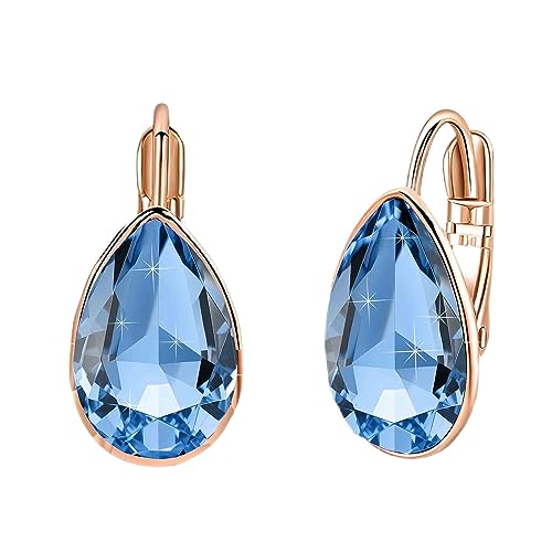 Austrian Crystal Teardrop Leverback Drop Earrings for Women | 14K Gold-Plated Finish, Sparkling Pear Stone, Smooth Bezel Frame, Secure Leverback Closure, Dainty Day-To-Evening Style - color: Denim Blue