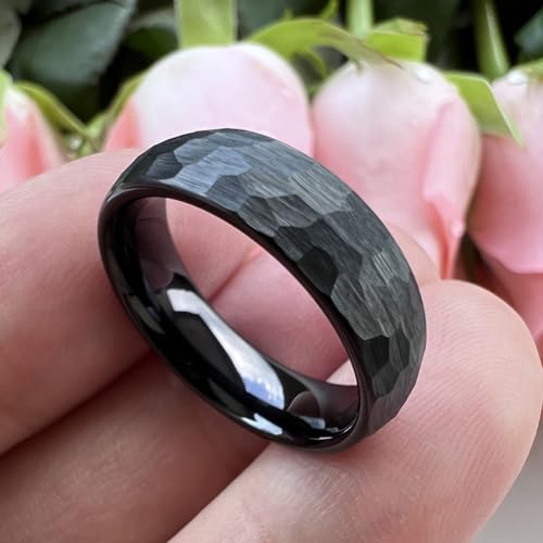 TUTISS 6mm 8mm Silver/Black/Gold/Rose Gold Hammered Tungsten Rings for Men Women Couple Fashion Jewelry Engagement Wedding Bands Domed Matte Finish Comfort Fit - color: 6mm Black Tungsten