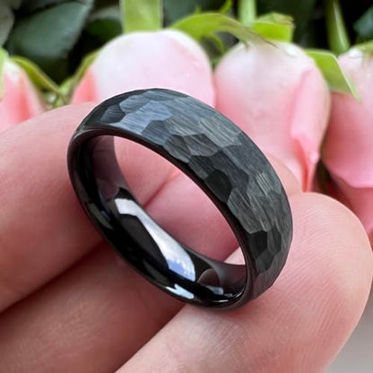 TUTISS 6mm 8mm Silver/Black/Gold/Rose Gold Hammered Tungsten Rings for Men Women Couple Fashion Jewelry Engagement Wedding Bands Domed Matte Finish Comfort Fit - color: 6mm Black Tungsten