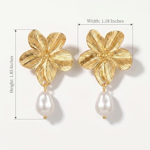 Chunky Gold Plated Flower Statement Drop Earrings for Women | Hypoallergenic 18K Gold Plated Textured Petal Wing, Large Statement Dangle Earrings for Wedding Party - color: Gold Flower Pearl-2