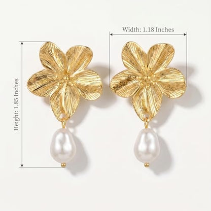 Chunky Gold Plated Flower Statement Drop Earrings for Women | Hypoallergenic 18K Gold Plated Textured Petal Wing, Large Statement Dangle Earrings for Wedding Party - color: Gold Flower Pearl-2