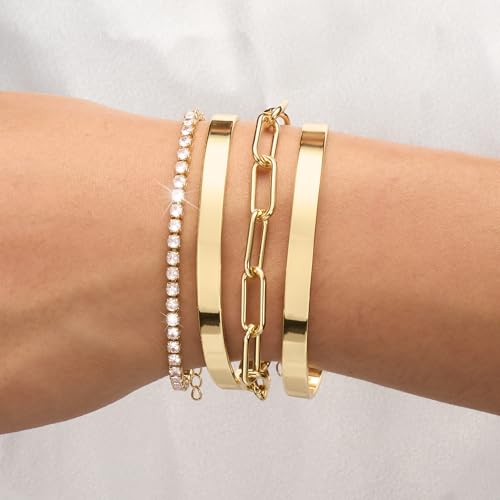 Gold Bracelets Stack Jewelry for Women Non Tarnish Waterproof | 14K Gold Plated Bangle Cuff Bracelet Set Accessories - color: Gold, style: Style B