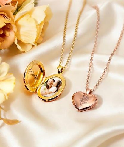 Personalized Locket Necklace for Women with Engraved Text & Picture | Custom Birthday Flower Locket Necklace Mothers Day Gift for Mom Mother Wife - color: Elliptic