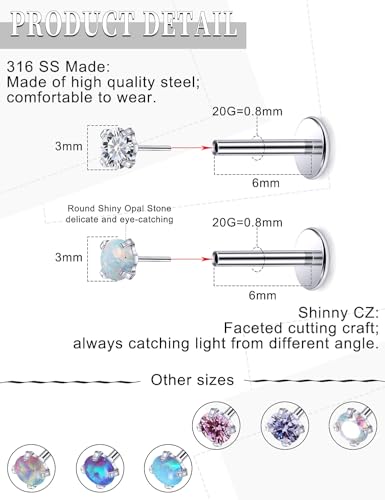 16G 18G 20G Threadless Flat Back Nose Ring Studs Earrings 316L Surgical Steel Tragus Helix Cartilage Earrings Medusa Labret Lip Rings Piercing Jewelry For Women Men Opal CZ 2mm 3mm - style: 20G-6MM Length-Top 3mm