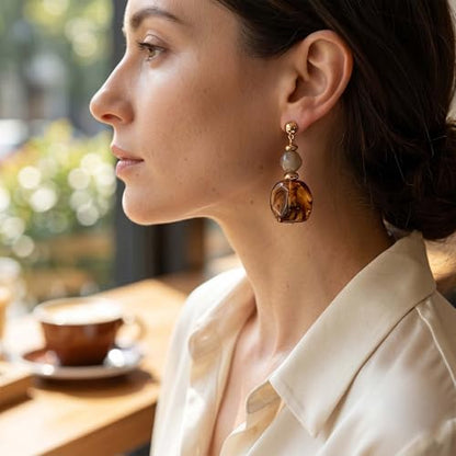 Gold Dangle Earrings for Women Boho Style, Hypoallergenic Trendy Resin Earrings - color: Resin Brown