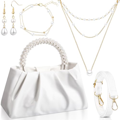 Liliaafar 4 Pcs Evening Clutch Purse with Pearl Jewelry Sets,Clutch Bag Pearl Earrings Necklace Bracelet for Wedding Party - color: White, style: Leather Ruched