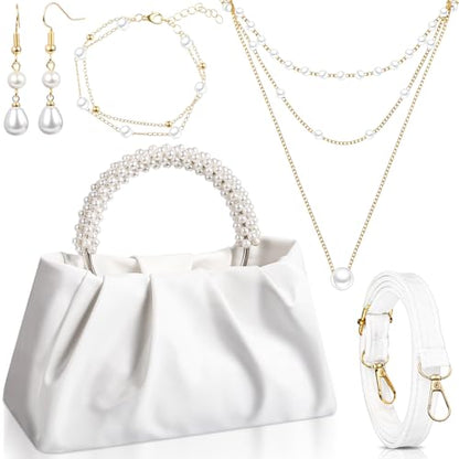 Liliaafar 4 Pcs Evening Clutch Purse with Pearl Jewelry Sets,Clutch Bag Pearl Earrings Necklace Bracelet for Wedding Party - color: White, style: Leather Ruched