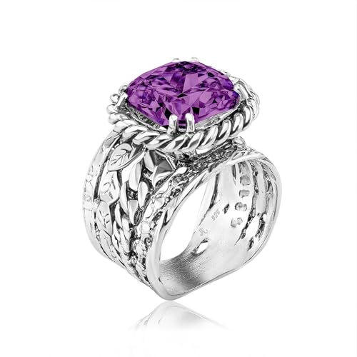 JEAN RACHEL JEWELRY 925 Sterling Silver Braid Leaf Cushion Ring | Ornate statement ring beautifully adorned with sculpted leaf motifs, twisted rope braids, and a CZ center stone. - color: Amethyst CZ