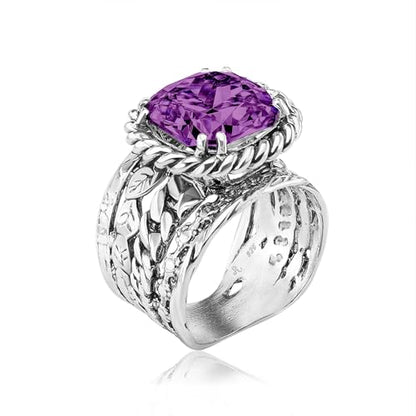 JEAN RACHEL JEWELRY 925 Sterling Silver Braid Leaf Cushion Ring | Ornate statement ring beautifully adorned with sculpted leaf motifs, twisted rope braids, and a CZ center stone. - color: Amethyst CZ