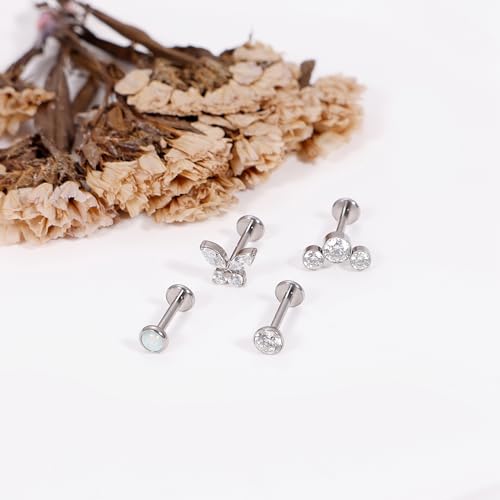 NICEIGHT 4Pcs 16G G23 Titanium Threadless Push in Labret Monroe Studs Lip Rings Hypoallergenic Cartilage Stud Earrings for Sensitive Ear Flat Back Stud Helix Tragus Conch Piercing Jewelry 6/8/10MM - color: Silver, size: 8MM