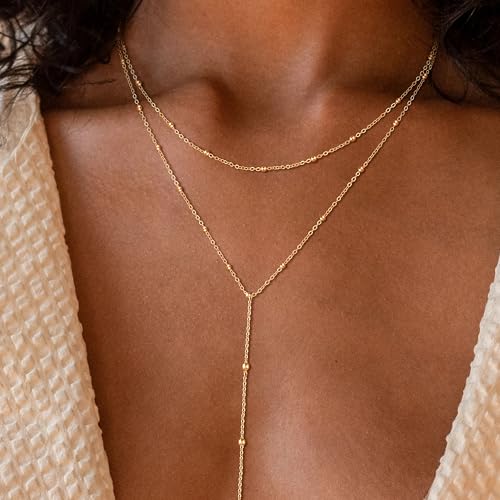 CAROVO Gold Necklace for Women Dainty Long Necklace 14K Gold/Silver Lariat Y-Shaped Pendant Necklaces Trendy Layered Lip Cubic Zirconia Beaded Chain Drop Necklaces Jewelry for Women Gifts - color: Gold, style: G: Gold Y Necklace-177