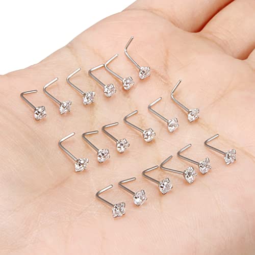 18G 20G 22G Nose Rings Studs with Cubic Zirconia 316L Surgical Steel Straight Screw L Shaped Nose Studs Piercing Jewelry for Women Men Girl CZ 1.5mm 2mm 2.5mm 3mm 20Pcs - color: C:22G L Shaped- Silver 3mm