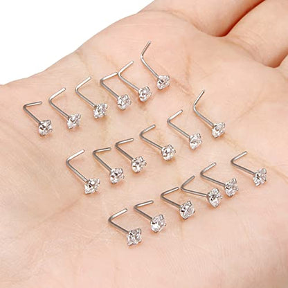 18G 20G 22G Nose Rings Studs with Cubic Zirconia 316L Surgical Steel Straight Screw L Shaped Nose Studs Piercing Jewelry for Women Men Girl CZ 1.5mm 2mm 2.5mm 3mm 20Pcs - color: C:22G L Shaped- Silver 3mm