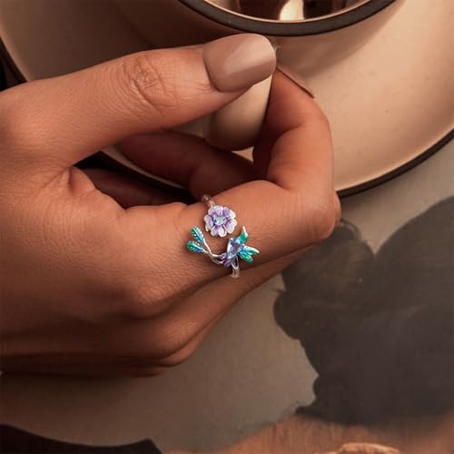 925 Sterling Silver Adjustable Open Ring for Women Trendy Jewelry Gift - color: Green bird