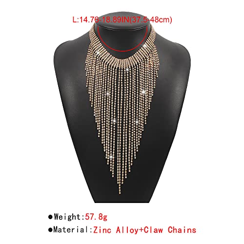 Aomcisi Fashion Women Sexy Rhinestone Bib Choker Necklace Tassel Long Chain Necklace - color: Gold