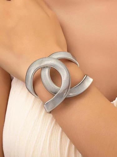 Chunky Cuff Bracelets for Women Wide Gold/Silver Cuffs Bangle Hollow Out Adjustable Bracelets Punk Vintage Jewelry - style: Silver B