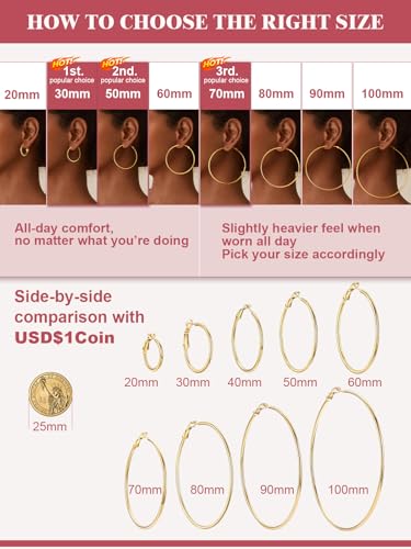 FOCALOOK 14K Gold Plated Lightweight Large Hoops| 2mm Thin Hoop Earrings for Women 30/40/50/70/100mm - color: 01.Gold, size: 50mm