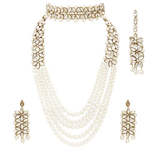 Aheli Wedding Party Wear Bridal Jewellery Choker Long Pearl Necklace Earrings Maang Tikka Indian Traditional Set Gift for Women - color: White