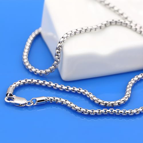 Solid 925 Sterling Silver 3mm Round Box Chain Necklace | Italian Style Box Cable Chain with Lobster Clasp, 16" to 30" Length for Men & Women - size: 26"