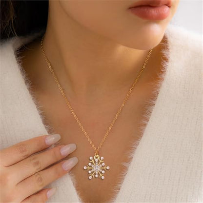 Dreuyet Snowflake Earring and Necklace Set for Women Clear Cubic Zirconia Sparkle Snowflake Hoop Earrings Silver Christmas Snowflake Pearl Earrings Winter Holiday Women Wife Jewelry Gift - color: Gold
