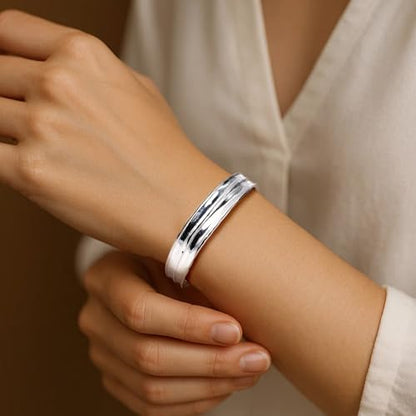 Irregular Hammered Wave Texture Cuff Bracelet for Women Open Bangle Hypoallergenic Jewelry Silver & Gold - color: Silver
