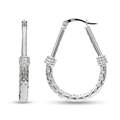 LeCalla 925 Sterling Silver Hoop Earrings for Women | Italian Design Classic Diamond-Cut Textured Hoops Earring | Women's Oval Drop Shape Silver Earring Jewelry - color: Large Classic Diamond-Cut