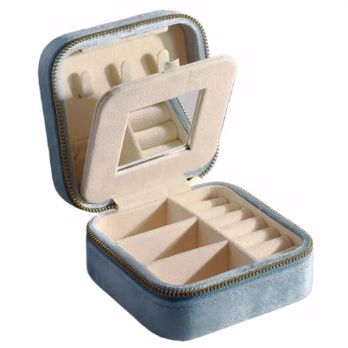 Velvet Jewelry Box, Small Travel Jewelry Organizer, Portable Jewelry Case for Women with Mirror, Sky Blue Mini Plush Travel Box - color: Sky Blue