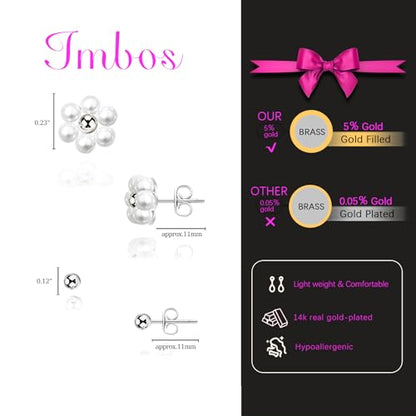 IMBOS Pearl Earrings 14k Gold Plated Daisy Flower Stud Earrings for Women Ball Stud Flat Back Earring Hypoallergenic Statement Earring Trendy Jewelry Gift for Women - color: Silver-Pearl Ball