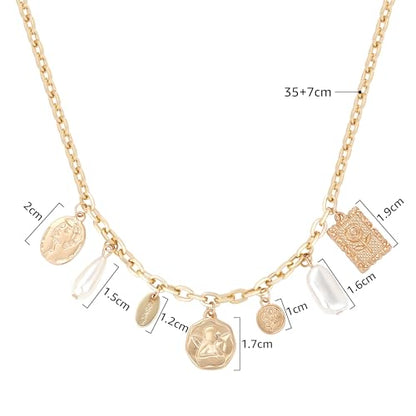 Charm Necklace for Women Gold Evil Eye Sun Moon Flower Coin Pendant Necklace Dainty Paperclip Chain Vintage Luck Amulet Choker Necklaces Celestial Jewelry Gift - style: 7 Charms- Angel,Pearl