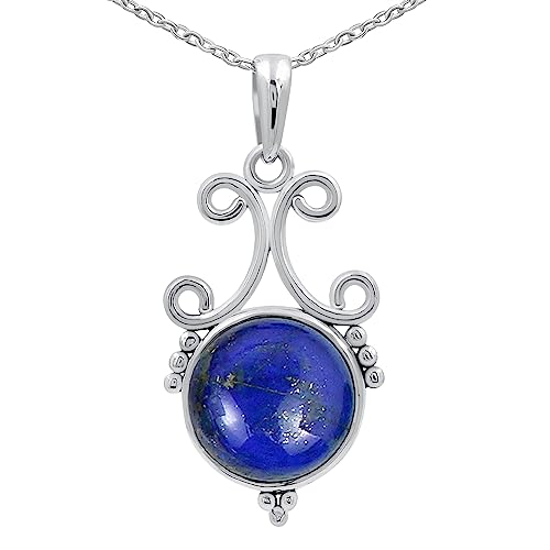 Natural Round Gemstone Pendant Necklace for Women, 925 Sterling Silver | Solitaire Birthstone Jewelry With 18 Inch Chain, Handmade Semi Precious Stone Pendant, Jewelry Gift for Mom, Wife & Sister - color: Lapis Lazuli
