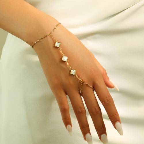 Hand Chain Bracelets for Women 14K Gold Plated Dainty Link Bracelet Bracelets Trendy Ring Bracelet Birthday Jewelry Gifts for Women - style: White Clover