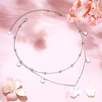 Ladytree S925 Sterling Silver Dainty Simple Choker Necklace,Rolo Chain,Adjustable 13 inches to 16 inches - style: 09_Layer Beads Dot Choker