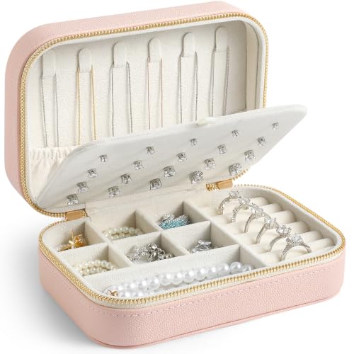 Genuine Leather Travel Jewelry Organizer Case for Women, Small Mini Portable Jewelry Box for Ring Earrings Necklace Bracelet Luxury Gift for Women Pink - color: Pink