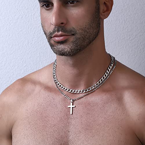 WEDDINEN Cross Necklace for Men Boys, Stainless Steel Layered Cross Pendant Cuban/Figaro Chains Christmas Jewelry Gifts - color: Silver, size: 22in/24in