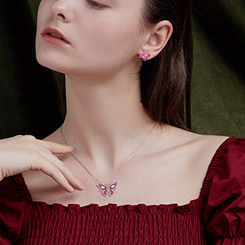 925 Sterling Silver Birthstone Butterfly Jewelry Women Crystal Animal Cute Butterflies Birthday Necklace/Earring/Ring/Bracelet Sets Birth Stone Statement Anniversary Jewellery - color: 1-G.July-Ruby