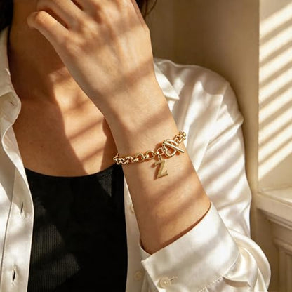 14K Gold Plated Stainless Steel A-Z Alphabet Letter Heart Bracelet | Non-Tarnish Dainty Charm with a Romantic Toggle Clasp Daily Fashion Jewelry, 7-inch Rolo Chain, Personalized Gift for Her - color: Z