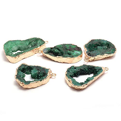 LE SKY natural stone pendant irregular plated gold edge druzy green crystal agate stone pendant for jewelry making DIY necklace charms 25X30-35X45mm (2 Pcs) - color: green