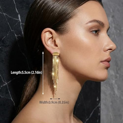 Gold Fringe Earrings for Women - Lightweight Statement Dangle Earrings with Stainless Steel Post, High Polish Long Tassel Drop Jewelry for Prom Wedding - color: Gold-streamlined