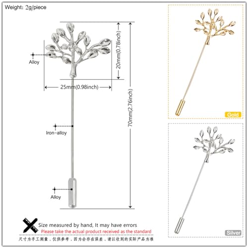 Dreuyet Simple Gold Silver Plated Long Brooch Pins with Cute Animal Antlers Leaves Plant Bees Rabbits Rose Flower Feather Brooch Jewelry for Women Men Elegant Suit Collar Lapel Pin - style: Tree