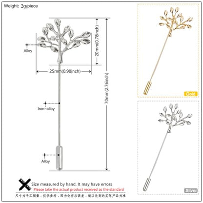 Dreuyet Simple Gold Silver Plated Long Brooch Pins with Cute Animal Antlers Leaves Plant Bees Rabbits Rose Flower Feather Brooch Jewelry for Women Men Elegant Suit Collar Lapel Pin - style: Tree