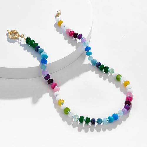 KissYan Beaded Gemstone Necklaces for Women | Colorful Bead Natural Stone Choker with 14K Gold Plated Spring Ring Clasp, Handmade Knot Jewelry for Summer Beach - color: W-Candy