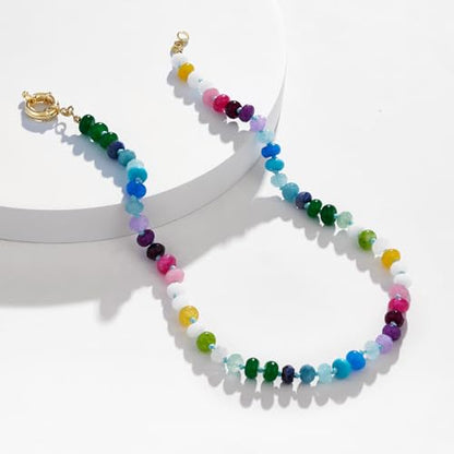 KissYan Beaded Gemstone Necklaces for Women | Colorful Bead Natural Stone Choker with 14K Gold Plated Spring Ring Clasp, Handmade Knot Jewelry for Summer Beach - color: W-Candy